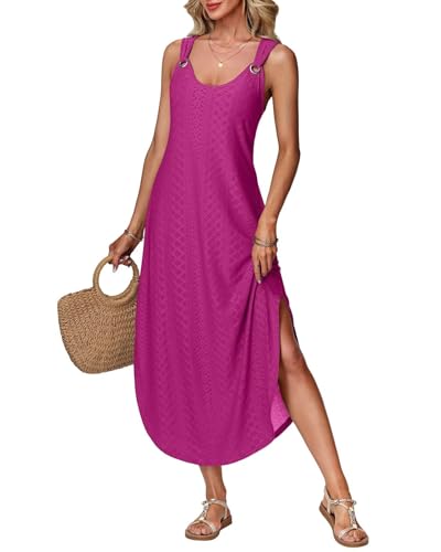 Tanmolo Luftiges Damen Maxikleid tiefem V-Ausschnitt Ring-Trägern Seitenschlitz Leichtes bequemes Sommerkleid im Casual-Stil für Alltag Strand Urlaub Freizeit L Rosa