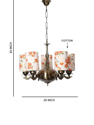 Image of Devansh 05 Lights Printed Round Cotton Shade with Antique Golden Chandelier -D
