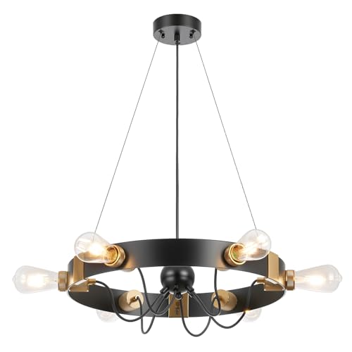 Image of 6-Light Wagon Wheel Chandelier, Black Gold Farmhouse Pendant Light | 21.4 Inch Industrial Pendant Light for Kitchen Island, Adjustable Hanging Height, Rust-Proof, ETL Certified, E26 Sockets