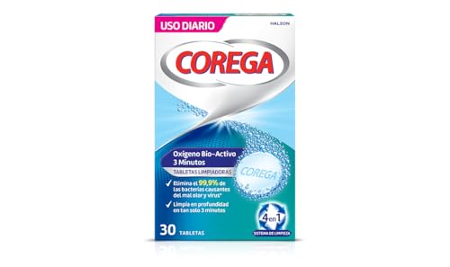 Corega Oxígeno Bio-Activo, Tabletas Limpiadoras Para Prótesis Dentales, Limpieza en Profundidad en 3 Minutos, 30 Tabletas
