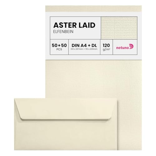 Netuno 50 buste per lettere formato DL + 50 fogli carta avorio A4 120g Aster Laid Ivory Avorio set buste e carta vergata strutturata a righe per partecipazioni biglietti compleanno matrimonio