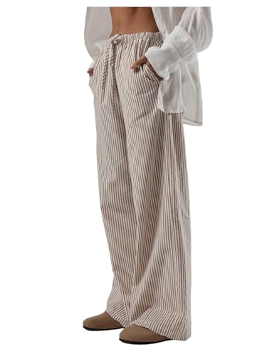 SOLY HUX Women's Striped Linen Pants Drawstring High Waisted Wide Leg Pants Baggy Long Trousers with Pockets