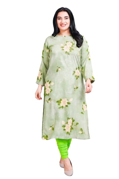 Image of Women Modal Cotton Kurti | Frill On Boat Neck, Print Highlighted with zari and Pearl Work | Straight Kurti | Boat Neck |Three Fourth Designer Sleeves