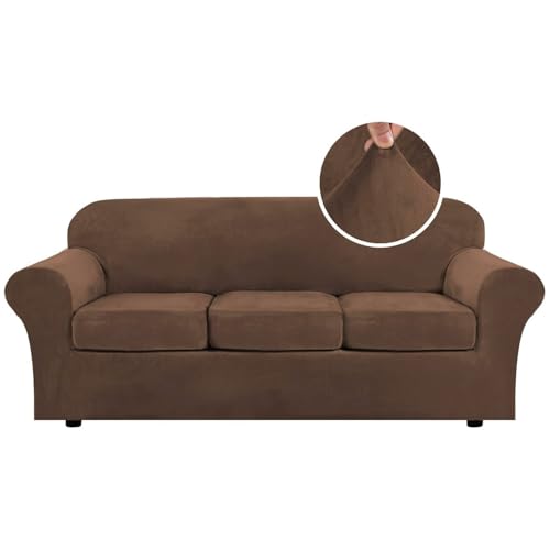 H.VERSAILTEX Modern Velvet Plush 4 Piece High Stretch Sofa Slipcover Sofa Cover Furniture Protector Form Fit Luxury Velvet Sofa Cover for 3 Cushion Couch Width Up to 90 Inch (Sofa, Caramel Cafe)