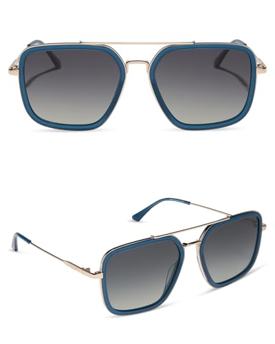 DIFF Jordan Designer Oversized Navigator Sunglasses for Women | UV400 Polarized Protection | Clubhouse Blue + Gold + Grey Gradient
