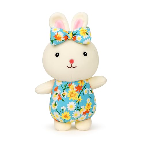 Image of Toyshine 20cm Bunny Soft Toy | Cute Plush Rabbit with Floral Dress & Matching Bow | Ultra Soft Cuddle Toy for Kids Girls Room Decor - Blue