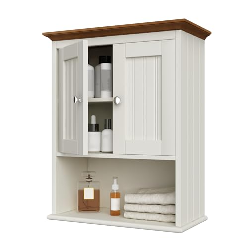 Image of Treocho Wood Medicine Cabinet with Doors, Bathroom Wall Cabinet | Rustic Bathroom Storage Cabinet, Adjustable Shelf, Open & Concealed Storage, 9.2 x 18.9 x 23.4 Inches, White & Brown