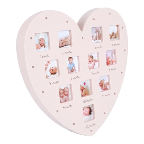 Alipis Cadre Photo de Croissance Bébé en Forme de Cœur Rose avec Verre et Plastique, Affiche 12 Photos, Décoration Maison comme Présent pour Famille Attendant un Bébé