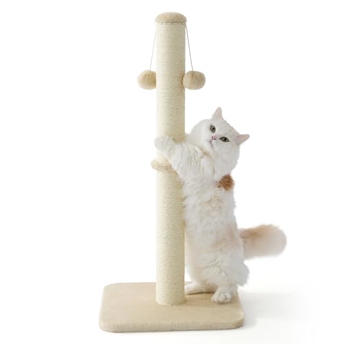 Lesure Cat Scratching Post Indoor - 40x40x86cm Tall Sisal Scratch Post with Hanging Toy Ball, Large Scratching Posts for Indoor Adult Cats with Stable Base, Beige