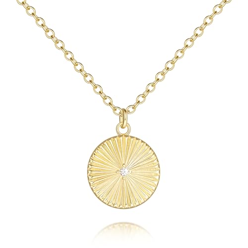 14K Gold Necklaces for Women Gold Pendant Necklace Circle Round Pendant Necklace Bold Round Disc with a Center Cubic Zirconia and Sunray Engravings Dainty Disc Necklaces for Women Trendy