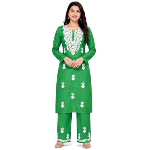 Image of Women's Chikankari Embroidered Straight Kurta with Palazzo Set, Traditional Kurti Bottom Set |Round Neck Full Sleeve Outfit for Daily,Office, Festive & Casual