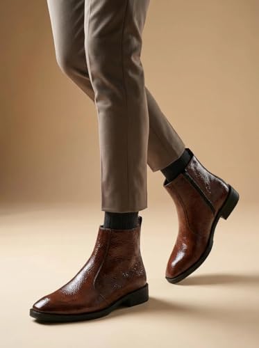 Image of Big Fox Men's Tan Textured Cuban Boots | Premium Ankle-Length Fashion Boots | Stylish, Durable & Comfortable