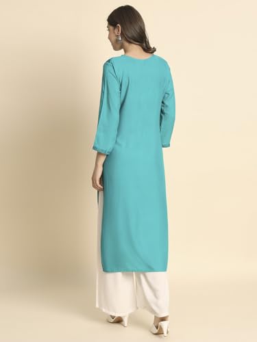 Image of VAIRAGEE Women's Embroidered Lukhnavi Chikankari Work Straight Rayon Ethnic Kurta | Casual Office Kurta for Women