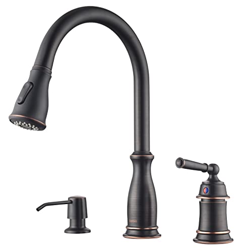 Dayone 3 Holes Kitchen Sink Faucets With Soap Dispenser And Separate Handle, 2 Holes Pull Down Oil Rubbed Bronze Sink Faucet For Kitchen, Single Handle High Arc, Day-279Orb #TOP12