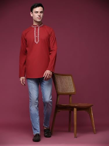 Image of SKAVIJ Men's Cotton Embroidered Kurta Shirt - Long Sleeve Traditional Indian Tunic for Casual