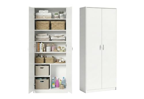 Home Collective Kleiderschrank Mehrzweckschrank mit Soft Close Türdämpfer Regal weiß 74cm breit 180cm hoch mit sechs Einlegeböden und Extra-Fach, Aktenschrank Haushaltsschrank Schrank Holz