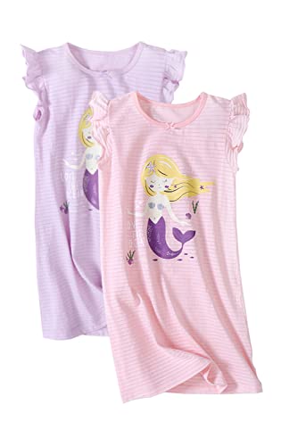 Bangsaur Girls' Summer Dress Cotton Flutter Sleeve Homewear,Pack Of 2 Dresses Girls 3-12 Years(Mermaid Purple+Pink,8-9 Years) #TOP9