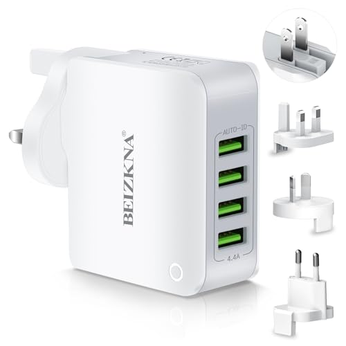 Travel Adapter 4 USB Universal Charger Plug Adaptor 22W 4.4A Multi USB Wall Plug with UK EU USA AUS Japan Plug Worldwide Universal Power Adapter for iPhone iPad Android Tablet