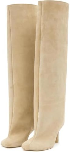 Trelako Women's Knee High Boots biege Wide Calf Stiletto Long Booties Square Toe Pull On High Heel Riding Boots for Women Ladies Fahion Dress Tall Boots
