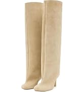 Trelako Women's Knee High Boots Nude Suede Wide Calf Stiletto Long Booties Square Toe Pull On Hig...