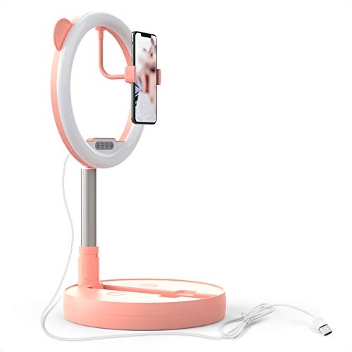 Luz de anillo portátil con soporte extensible y soporte para teléfono, Zecti Luz de una pieza plegable y regulable de 10 pulgadas, para transmisión en vivo, Vlogging, Selfie, Maquillaje (Rosa)