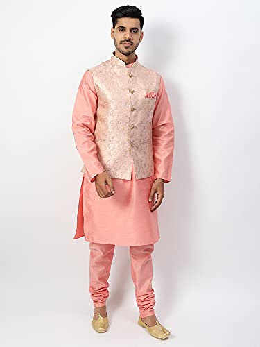 Image of Uri and MacKenzie Men's Silk Blend Regular Kurta Churidar Pyjama with Bundi Nehru Jacket /Waistcoat