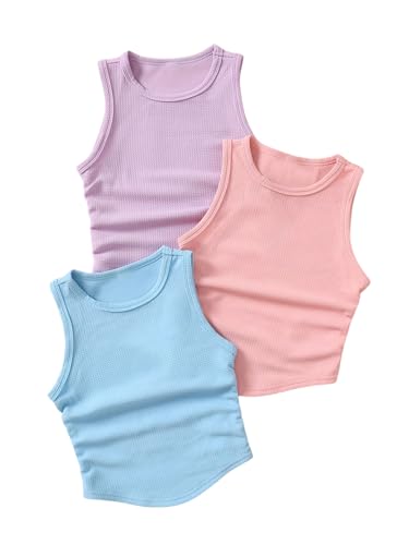 SOLY HUX Girl's Summer Ribbed Slim Fit Tank Shirts 3 Packs Sleeveless Basic Layering Crop Tops