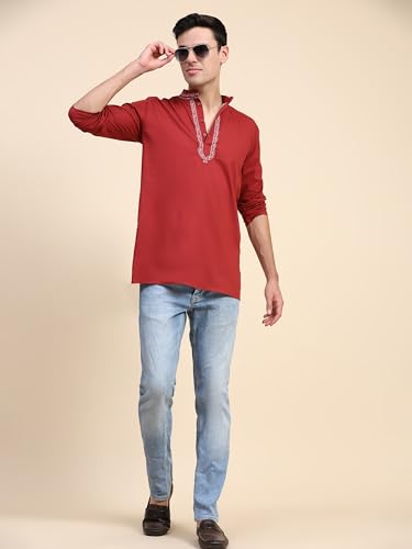 Image of SKAVIJ Men's Cotton Embroidered Kurta Shirt - Long Sleeve Traditional Indian Tunic for Casual