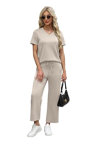 Image of WIHOLL 2 Piece Sets for Women Summer Lounge Set Wide Leg Pants Matching Set Vacation Travel Outfits Beach Clothing