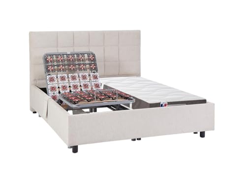 Vente-unique-Cama articulada multiterminales + colchón 100% látex 3 Zonas - 2 x 70 x 190 cm - Tela - Beige - JOFAR de DREAMEA