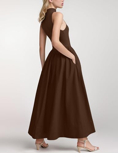 Lauweion Women's Summer Sleeveless Mock Neck Maxi Dresses Patchwork Casual Flowy Drop Waist Dress with Pockets2