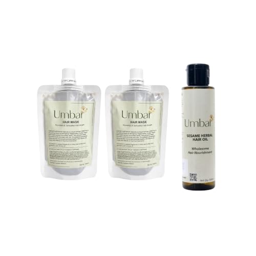 Image of Double Hair Mask with Sesame Oil | Botanical Pack Set | Green Texture & Golden Liquid | 2 x 100g + 100ml