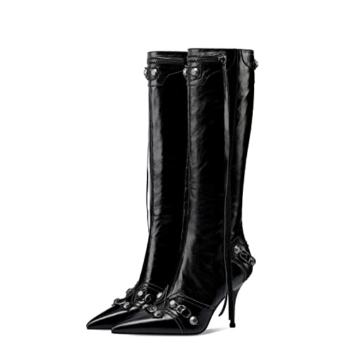 keleimusi Metal Studs Knee High Boots for Women Pointed Toe Heeled Ruffle Leather Shoes2