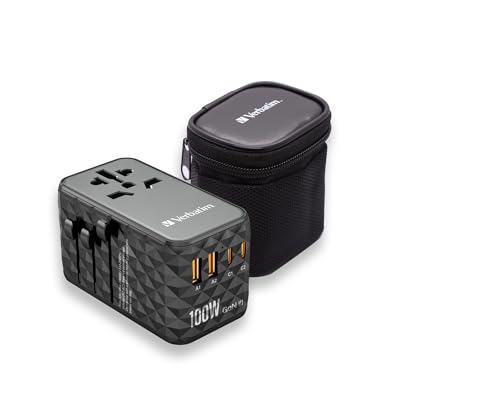 Verbatim GaN Universal Reiseadapter UTA‑06 100 W, Steckdosenadapter mit 2 USB‑A und 2 USB-C Anschlüssen, Schnellladegerät für Laptop, Handy, Kamera und Co, Reisestecker weltweit einsetzbar, 100-250 V