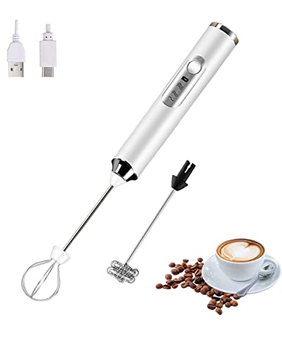 Handheld Electric Milk Frother with 2 Heads, Coffee Whisk Foam Mixer with USB Rechargeable 3 Speeds, Foam Maker Blender for Latte, Cappuccino, Hot Chocolate, Egg (White)