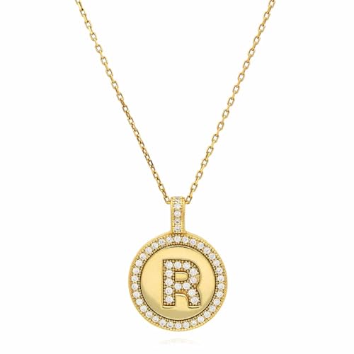 WJD Exclusives 18K Yellow Gold Over Silver CZ Round Initial Pendant Necklace 18" V