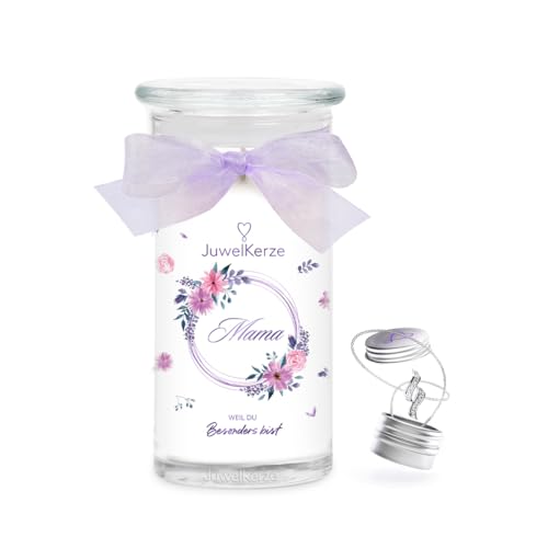 JuwelKerze Mama Halskette Silber - Schmuckkerze 80 Std - große Duftkerze mit Blumigem Duft - Kerze im Glas mit Schmuck - Mama Geschenk, Muttertagsgeschenk, Geburtstag