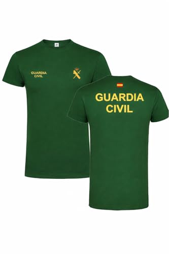 Camiseta Guardia Civil Clásica, Algodón, Manga Corta, Cuello Redondo, Letras Amarillo (FR/ES, Letras, L, Regular, Regular, Verde)