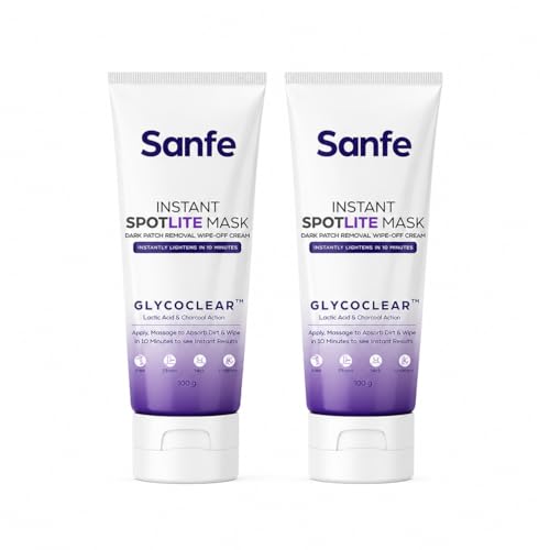 Image of Sanfe Instant Spotlite Mask | Instant Tan Remover | Glycolic Acid & Charcoal De-Tan Cream | Brightening Face Pack | Tanning Removal Cream | Scrubs Impurities | Facial Exfoliator | Skin Polishing Solution | 100g | Pack of 2