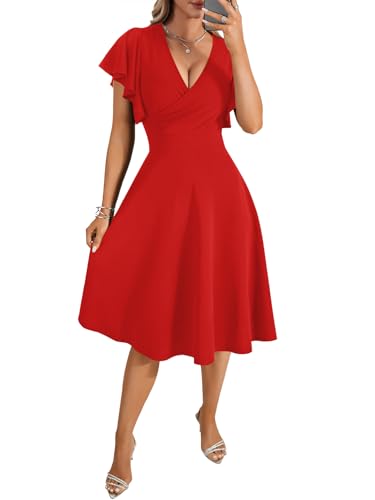 Image of LYANER Women's Warp V Neck Ruffle Short Sleeve A Line Swing Flared Cocktail Party Midi Dress