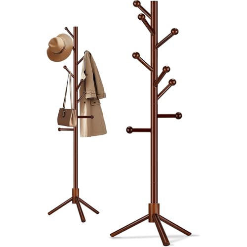 Briful Porte-manteau en bois - 175 cm - En noyer - 8 crochets en forme de boule - Pied stable - Moderne - Pour couloir, chambre ou bureau