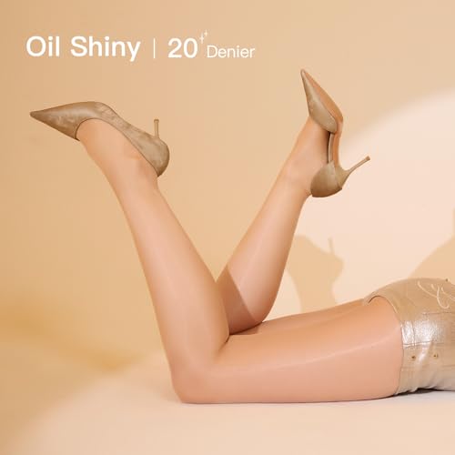 Yilanmy 2 Pairs Seamless Shiny Pantyhose for Women, 360° Seamless Oil Glossy Sheer Tights Shimmer Silk Stockings High Waist3