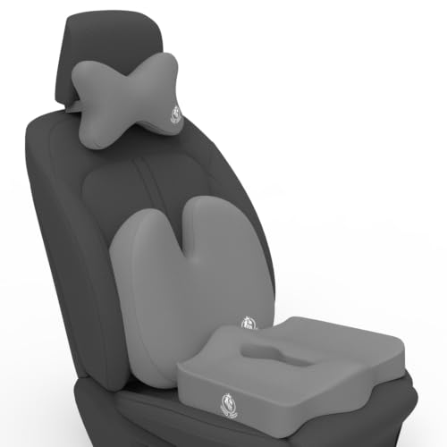 Image of MRRON Memory Foam Posture Corrector Car Seat Cushions Combo | Orthopedic Backrest, Coccyx Cushion & Neckrest | Ergonomic Lumbar Comfort Seat Cushion | Reduces Sciatica, Back Pain. (Grey, Backpro)