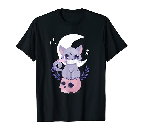 Cute Kawaii Neko Pastel Goth Cat Witch Knife Crescent Moon T-Shirt