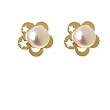 MINOPLATA Pendientes de Plata Dorada con Perlas Cultivadas, Diseño Flor con Estrellas, Cierre de Presión, 10mm