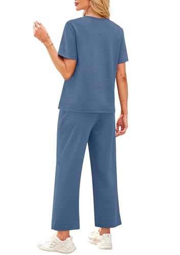 Image of WIHOLL 2 Piece Sets for Women Casual Summer Travel Vacation Outfits Short Sleeve Wide Leg Crop Pants Lounge Sets