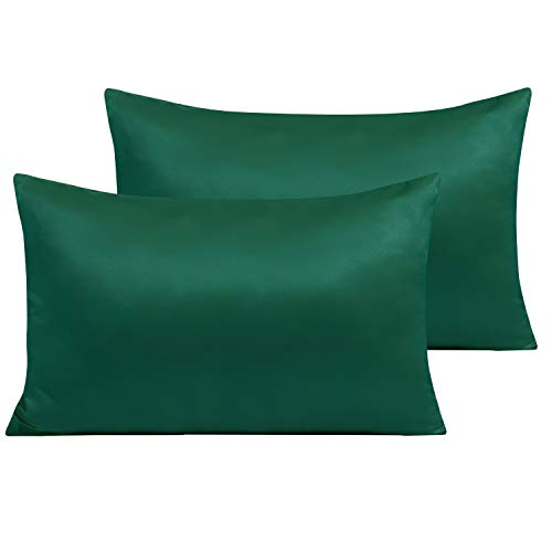 NTBAY 2 Pack Zippered Satin Pillow Cases for Hair and Skin Luxury King Hidden Zipper Pillowcases Set of 2, 50x90 cm, Dark Green