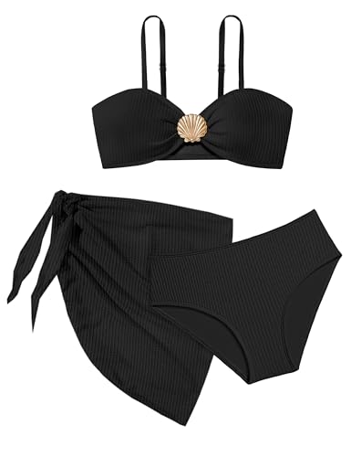 Image of Girls Swimsuit V Neck Bikini Set Color Block with Cover Up 3Pcs Bathing Suits