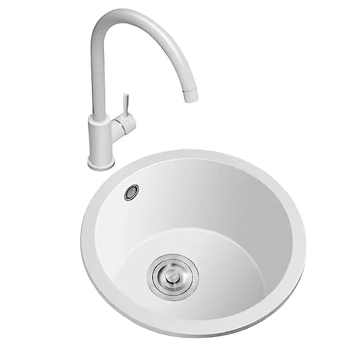 OIJKLA Fregadero de Piedra de Cuarzo Blanco Fregadero Redondo Fregadero de Cocina pequeño Fregadero de Barra Grifo Blanco, Fregadero bajo encimera Incluye Accesorios (Tamaño: 46CM) (35CM)