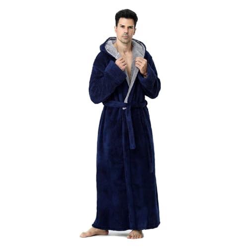 Men's Plush Hooded Robe with Pockets - Long Fleece Bathrobe, Warm Winter Shawl Collar Housecoat, Sizes M-XXL, Navy Blue2